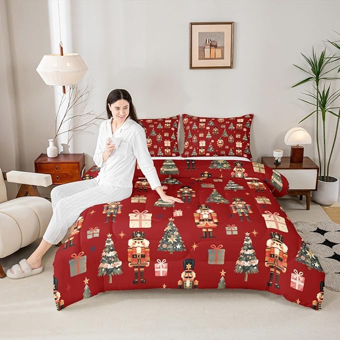 jejeloiu Xmas Nutcracker Comforter Set Twin Size Christmas Red Bedding Set for Kids Boys Girls Cute Snowflakes Duvet Quilt Bedroom Decor