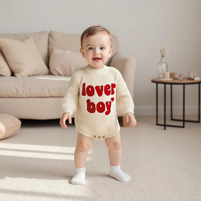 Lesimsam Newborn Baby Boy Girl Valentines Day Outfit Oversized Embroidery Long Sleeve Knit Sweater Bubble Romper Bodysuit