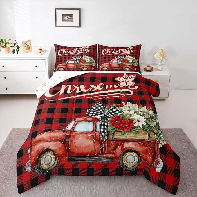 Kids Christmas Truck Comforter Set Queen Size,Floral Leaves Romantic Bedding,Girls Boys Adults Bedroom/Xmas Cabin Decor,Geometric Plaid Retro Down Comforter,Rustic Farm Duvet Insert,2 Pillowcases
