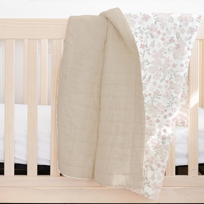 MakeMake Organics Organic Toddler Comforter GOTS Certified Organic Kids Blanket Cotton Infill Tufted - Reversible Ultra Soft Breathable Boys Girls (44"x60", Blossom + Solid Taupe)