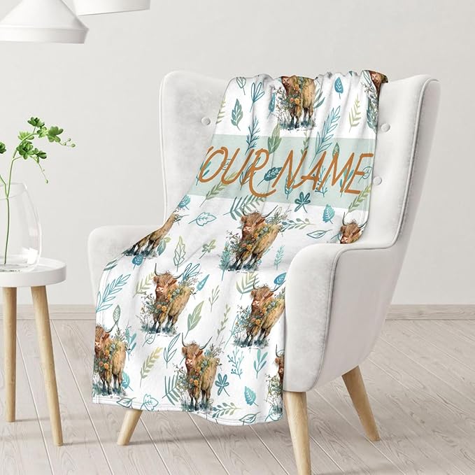 Custom Throw Blanket for Women - Cute Highland Cow Blanket Gift for Mom Daughter Grandma Nana - 80x60 Inches Personalized Aesthetic Throws with Name for Bed Couch Sofa