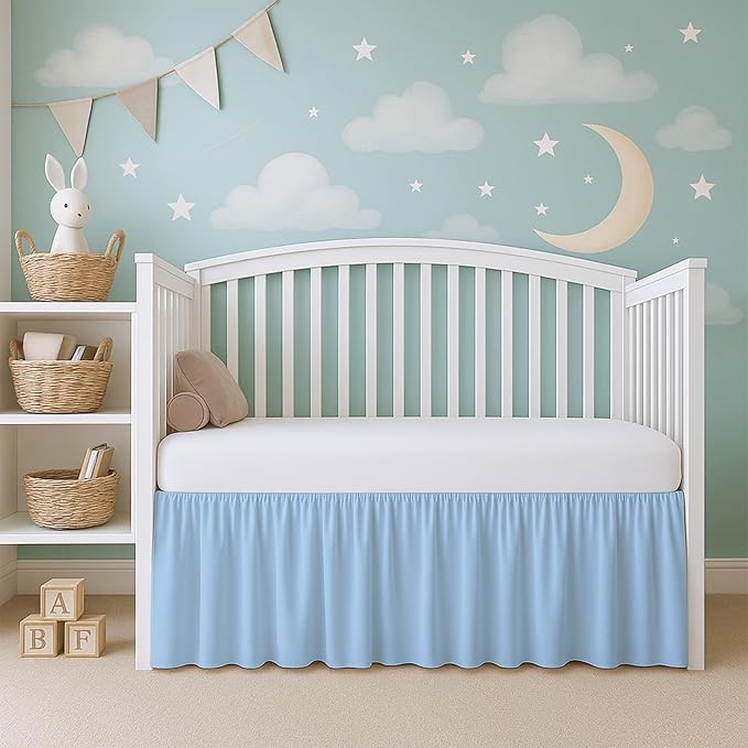Cottington Lane Light Blue Infrant Crib Bed Skirt Dust Ruffle with Split Corner, 100% Natural Cotton Nursery Crib Toddler Bedding Skirt for Baby Girls or Boy, Fits Standard Cribs 28"x52" with 14" Drop