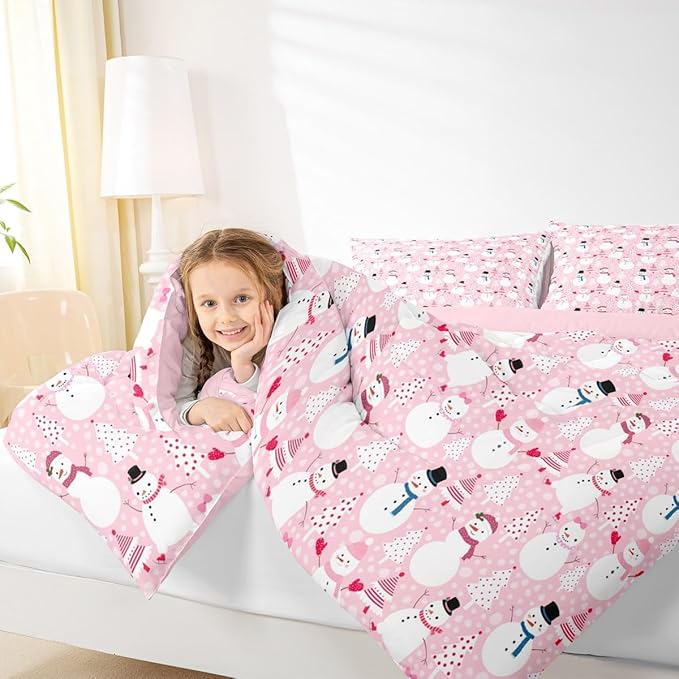 Cartoon Pink Dreamy Boys Girls Comforter Set Full Size,Snowman Christmas Tree Duvet Set Teens Bedroom Decor,Merry Christmas Microfiber Soft Bedding