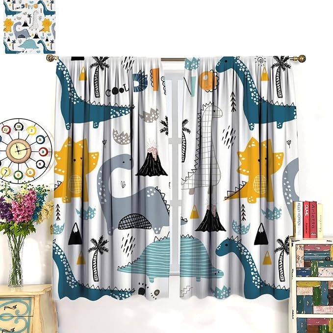 Dinosaur Curtains, Cartoon Dino Cute Safari Animal Print Pattern Blackout Window Treatments, Rod Pocket Thermal Insulated Drapes 2 Panel Sets for Kids Boys Bedroom Nursery Classroom, 63" W X 63" L