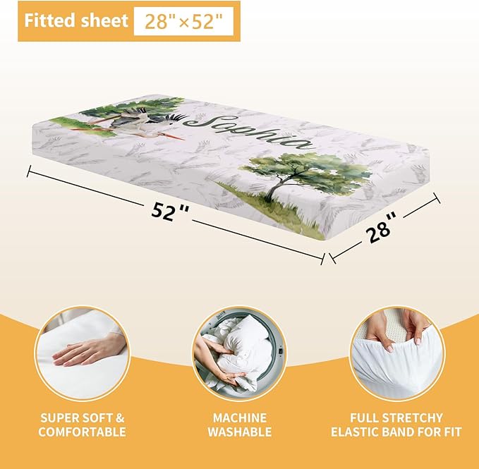 Custom Baby Crib Bedding Set, 5 Pcs Personalized Name Baby Crib Sets for Infant Toddler, Green Crane Nursery Bedding Set for Boy Girl, Double Layer Flannel Baby Bedding Sets Customized Gifts
