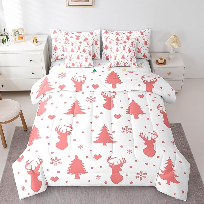 Merry Christmas Bed in a Bag for Boys Girls Deer Silhouette Antler Cute Wildlife Bed Set Xmas Tree Snowflake Comforter Set with Sheets Pink Bedding Set Bedroom Collection Full Size