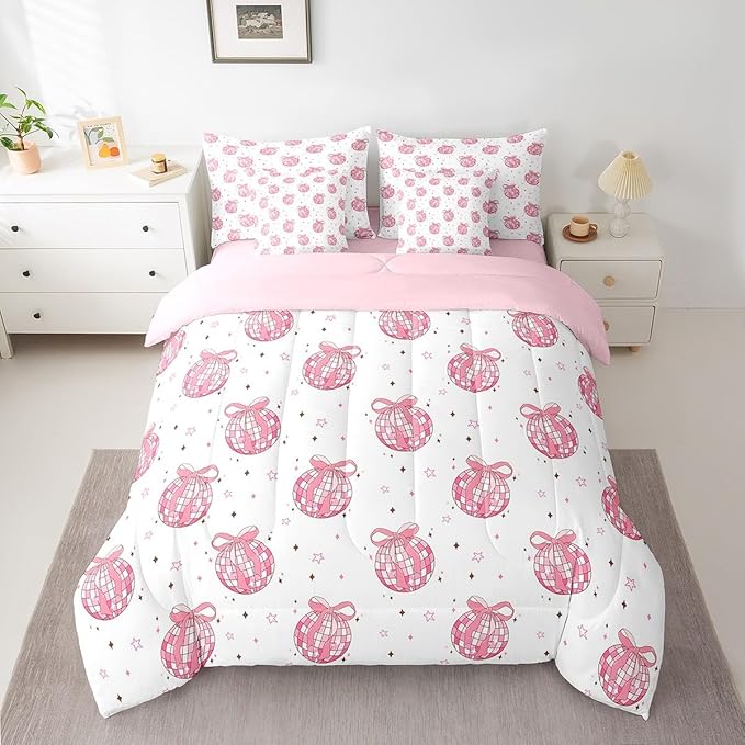 7 Pieces Bow Tie Princess Comforter Set Full,Western Cowgirl Disco Crystal Ball Dreamy Bedding Set,Star Bowknot Patchwork Romantic Pink（Comforter+Fitted+Flat Sheet+2 Pillowcases+2 Throw Pillow Covers）