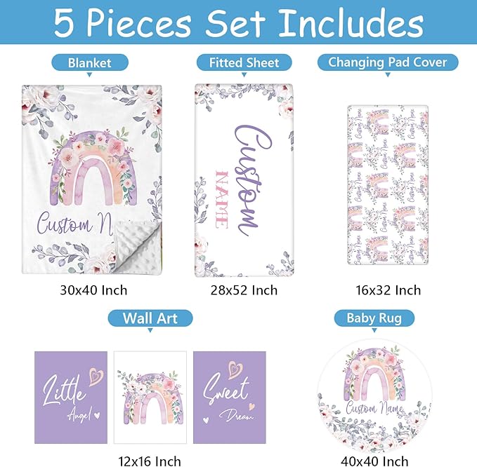 Personalized Crib Bedding Set for Baby Girls Boys, 5 Pcs Rainbow Baby Bedding Crib Sets, Custom Name Baby Crib Set, Newborn, Infant & Toddler Nursery Bedding Set Decor, Customized Gifts