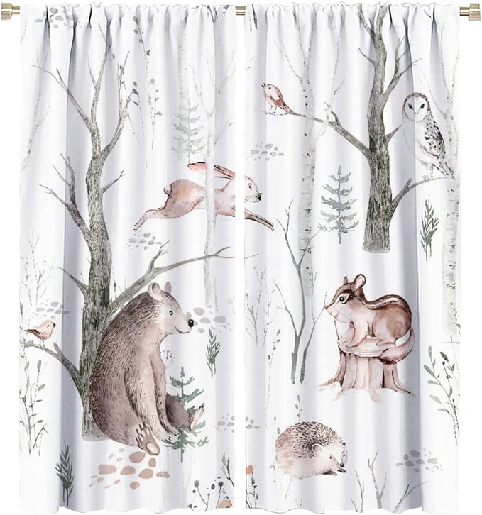 Watercolor Woodland Animal Curtains, Wildlife Bear Farmhouse Lodge Cabin Squirrel Owl Hedgehog Fox Blackout Rod Pocket Windows Door Curtain for Bedroom Living Room Home Decor 55x63in