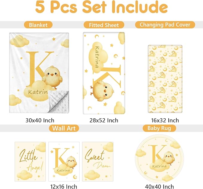 Personalized Crib Bedding Set, 5 Pcs Custom Nursery Bedding Sets with Name, Infant Bedding Set for Baby Girl Boy, Yellow Chick Double Layer Baby Crib Set, Toddlers Babies Kids Customized Gifts