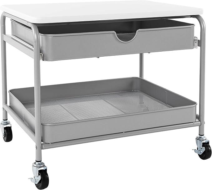 Seville Classics Rolling Utility Organizer Storage Cart, for Home Office, School, Classroom, Scrapbook, Hobby, Craft, Under The Desk Storage/Printer Cart 1 Drawer, White