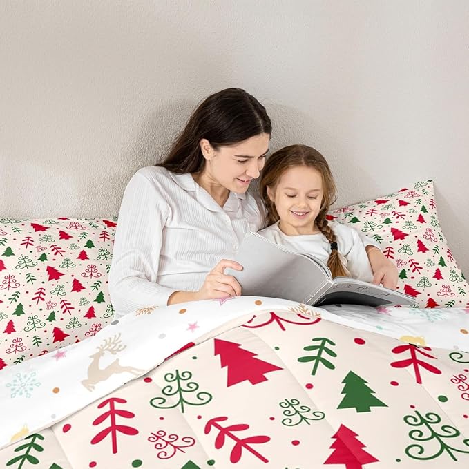 Castle Fairy Christmas Trees Comforter Set Twin Size,Red Green Pine Plant Hand Sketch Bedding Set for Kids Boys Men,Winter Xmas Natural Botanical Quilted Duvet Set with 1 Pillowcase
