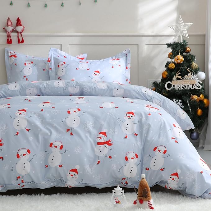 JSD Snowman Kids Duvet Cover Set Full Size, 3 Piece Blue Printed Christmas Microfiber Comforter Cover with Pillow Shams Zipper Closure, Comforter Not Included