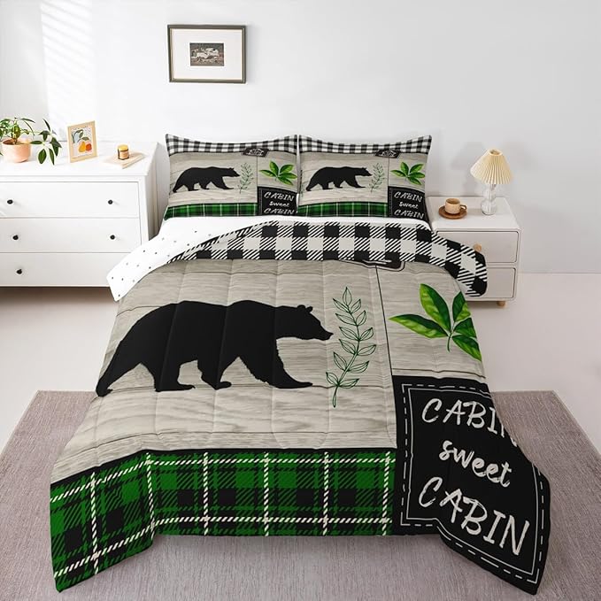 Bear Silhouette Kids Comforter Set Full Size,Leaves Wooden Plank Bedding,Girls Boys Adults Bedroom/Xmas Cabin Decor,Geometric Grids Retro Down Comforter,Rustic Farmhouse Duvet Insert,2 Pillowcases