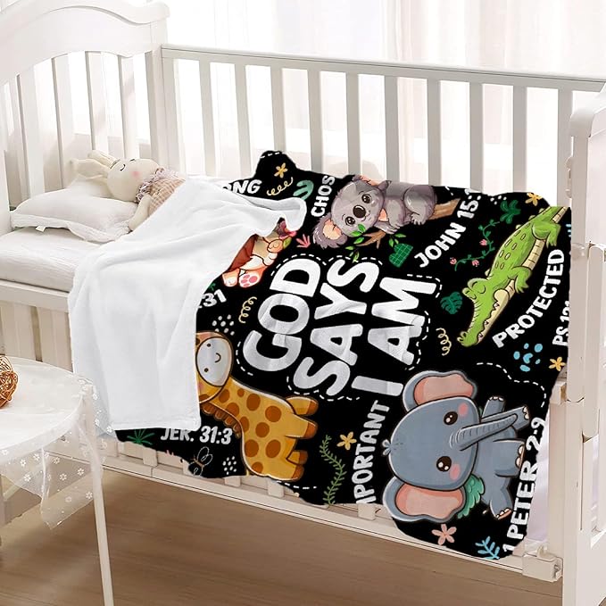 Bible Verse Blanket, Christian Gifts, God Says I am Blankets,Giraffe Lion Koala Elephant Print Animal Blankets, Cute Religious Baptism Gift for Son,Animals Lover Room Bed Decoration, 40"x50"