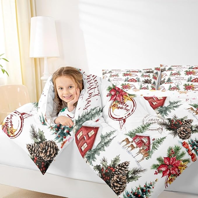 Merry Christmas Kids Bedding Set Queen Size,Poinsettia Winter Xmas Pine Tree Comforter Set,Snowflake Rustic Farmhouse Quilt Comforter,Red Green White Bedroom Duvet Insert,2 Pillowcases