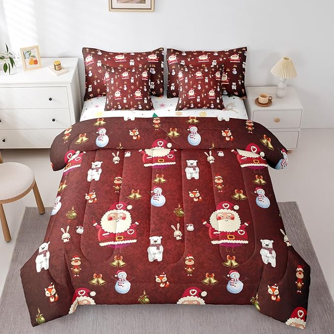 Christmas Kids Bed Set Cute Snowman Santa Claus Decorations Bed in a Bag Boys Girls Bear Rabbit Comforter Set with Sheets Christmas Bells Cartoon Design Bedding Set Bedroom Collection Queen Size