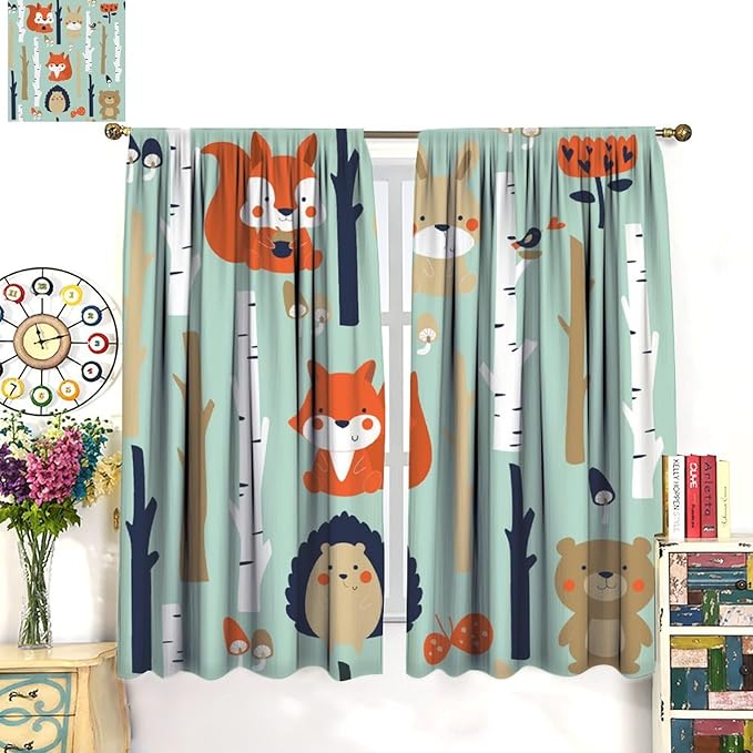 Cute Animals Curtains, Cartoon Fox Hedgehog Hare Forest Trees Blackout Window Treatments, Rod Pocket Thermal Insulated Drapes 2 Panel Sets for Kids Bedroom Nursery Classroom, 63" W X 72" L