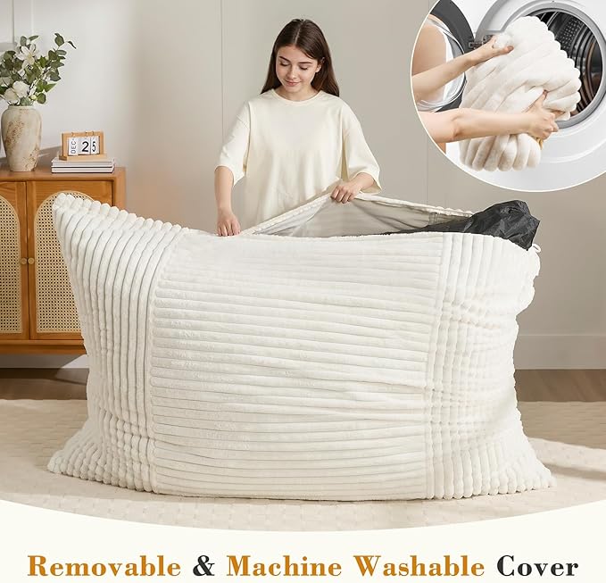 3-in-1 Giant Bean Bag Chair for Adults & Kids, Convertible Floor Sofa to Mattress, High-Density Foam Chair Bed with Washable Cover, Multi Functional Lounge Couch for Bedroom, Living Room (Beige)