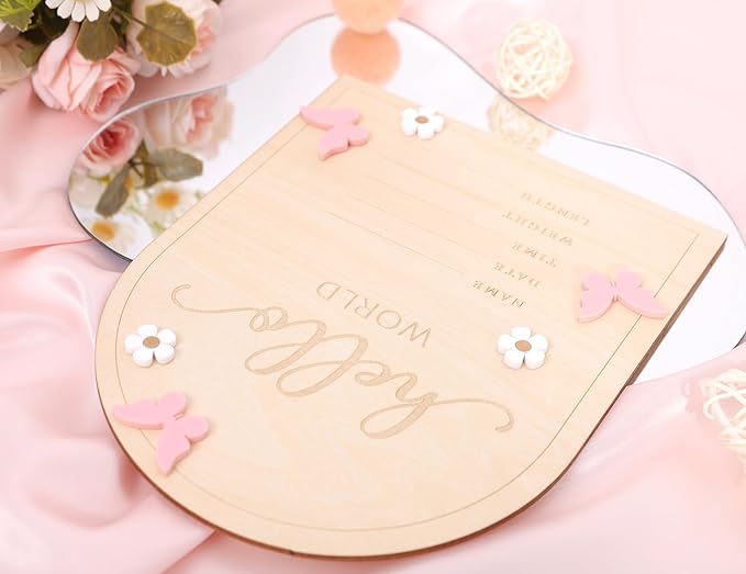 Hello World Newborn Sign - Baby Announcement Sign for Baby Showers, Pink Butterfly Newborn Birth Announcement Board, Daisy Wooden Milestone Card,Welcome.