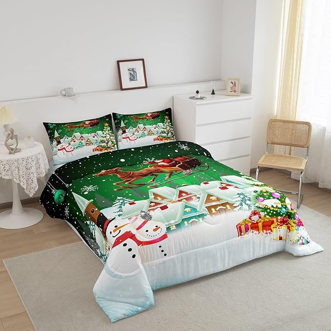 Manfei Christmas Comforter Set Queen Size, Snowman Xmas Tree Quilt Set with 2 Pillowcases, Santa Claus with Deer Bedding Set 3pcs for Kids Boys Girls Room Decor New Year Theme Duvet Insert