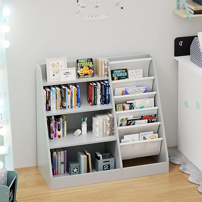 NACHES Montessori Kids Bookshelf Fabric Sling Pockets & Open Shelves – Front Facing Toddler Book Display and Toy Storage Organizer for Nursery Playroom or Bedroom 35" Wide (Gray, Middle)