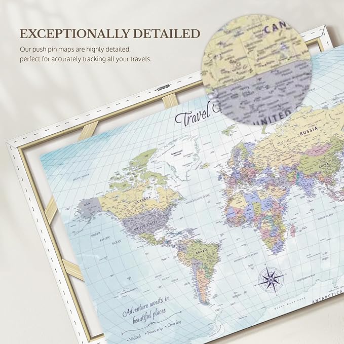 ElephantStock - Push Pin Travel Map World I Wall Art - Horizontal Canvas Wall Art - Living Room Wall Decor - Printmaking Map Canvas Art - Blue And Beige Decor - 30" x 20"