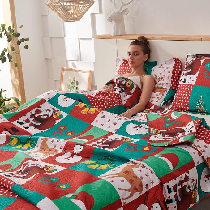 Christmas Bedding Set Queen Size Christmas Quilt Bedspread Holiday Xmas Bedding Plaid Patchwork Rustic Lodge Cabin Snowman Santa Claus Festival Decor Lightweight Reversible Bedspread Coverlet Red