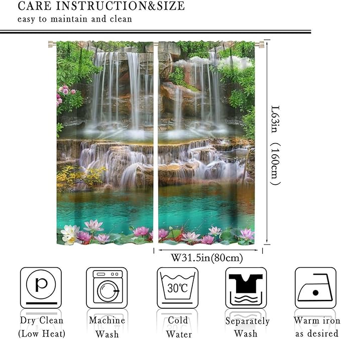 Waterfall Blackout Window Curtains, Rocky Waterfall to Pond Running Off Scenic Nature Themed Picture Print Window Drapes, for Living Room Bedroom 63x63in 2 Panels