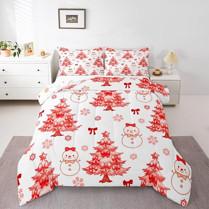 Feelyou Merry Christmas Comforter Set Twin Size Cute Snowman Bedding Set for Kids Boys Girls Cartoon Bowknot Duvet Quilt Christmas Tree Microfiber 2 Pcs with 1 Pillow Cases