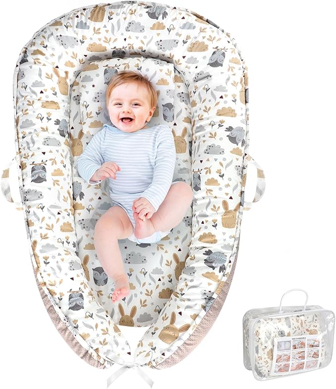 Baby Lounger, Portable Baby Lounger for Newborn 0–24 Months, Infant Nest for Travel, Floor Time, and Crib Use, Baby Essentials for Home (Hoot)