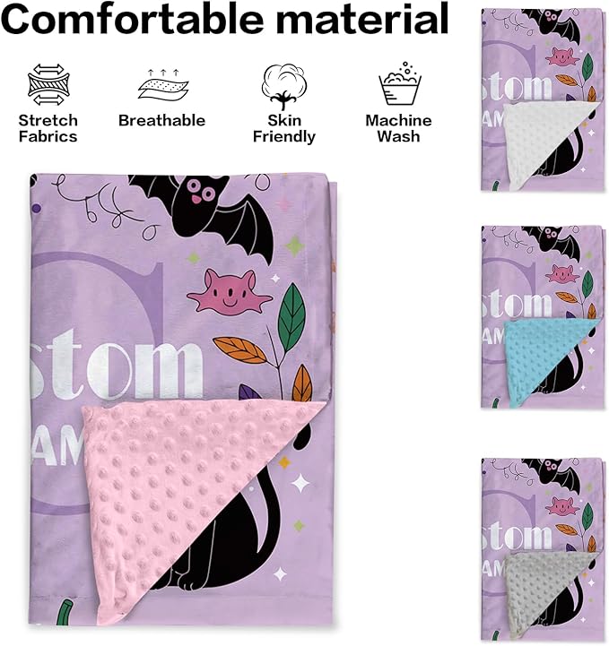 Personalized Halloween Blanket for Girls, Custom Baby Blanket with Name, Ghost & Bat Pattern Soft Minky Dot Blanket, Halloween Decor Christmas Birthday Gifts for Kids Toddlers