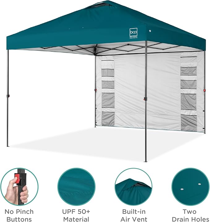 Best Choice Products 10x10ft Easy Pop Up Canopy w/Side Wall, 10 Pockets, Portable Carrying Case, 1-Button Setup, 4 Weight Bags - Cerulean