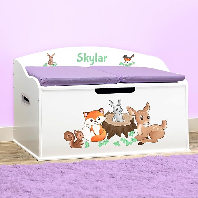 DIBSIES Personalized Creative Wonders Toy Box, Woodland Creatures, 30 x 19.25 x 18 inches, Soft-Close Lid (White)