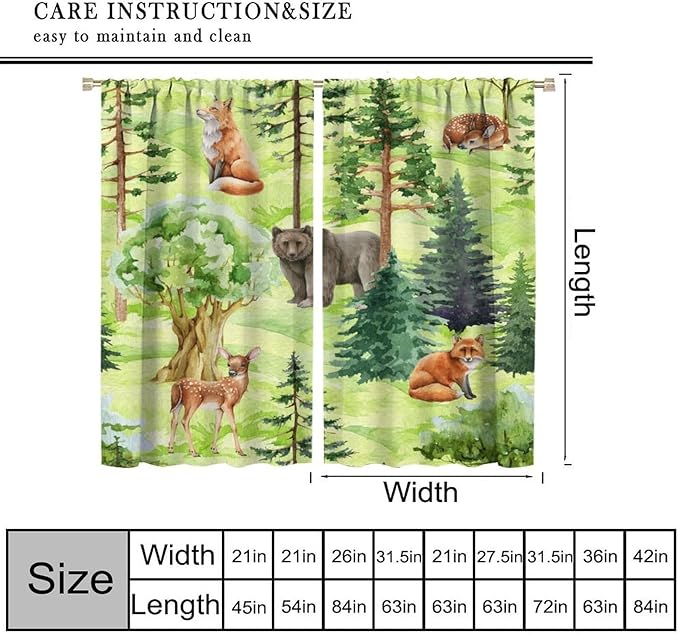 Woodland Animal Curtains, Watercolor Jungle Animals Fox Bear Pattern Blackout Window Treatments, Rod Pocket Thermal Insulated Drapes 2 Panel Sets for Kids Bedroom Nursery Classroom, 63" W X 63" L