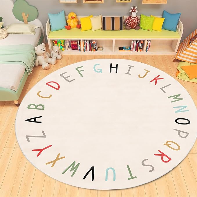 Round ABC Rugs-7ft Kids Round Rug Alphabet Numbers Shapes Educational Kid Area Rug Non Slip Kid Play Mat Carpet for Girl Boy Bedroom Playroom-White