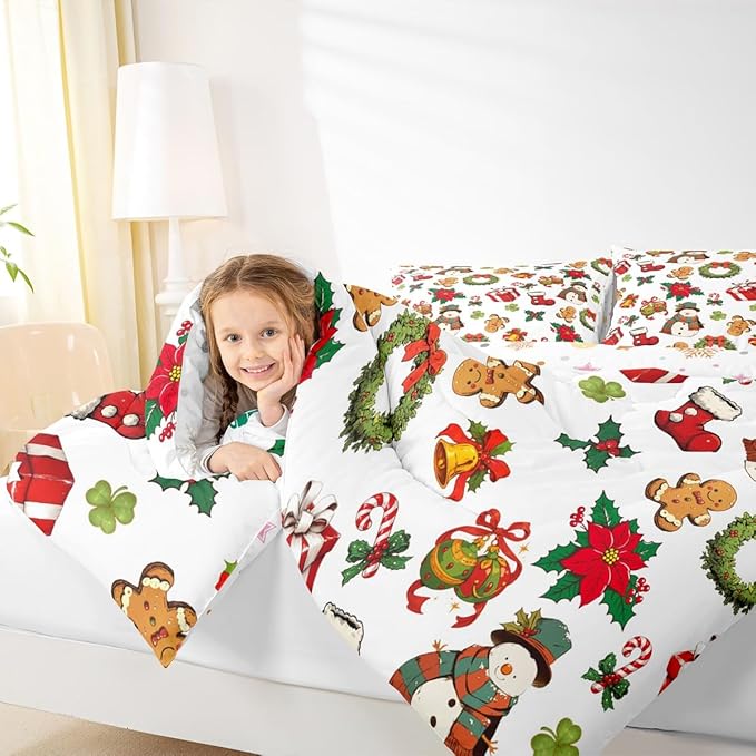 jejeloiu Merry Christmas Comforter Set Twin Size Cute Snowman Bedding Set for Kids Boys Girls Gingerbread Man Duvet Quilt White Bedroom Decor