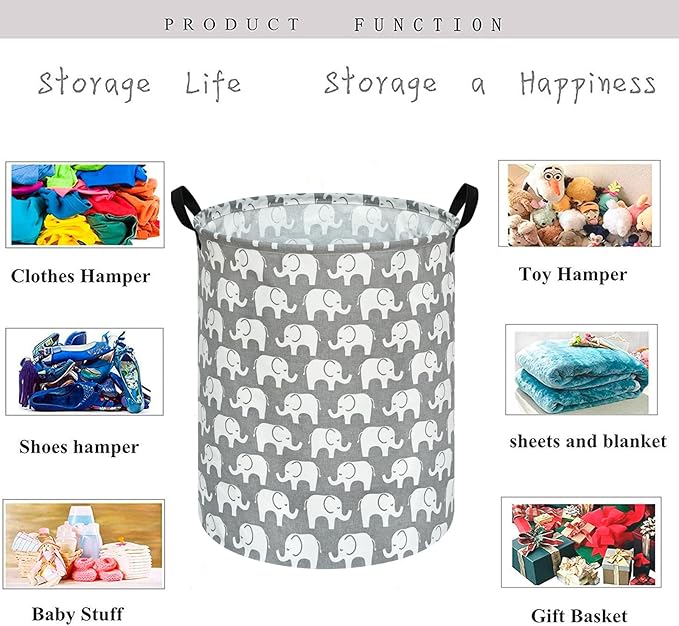 KUNRO Round Laundry Gift Basket Storage Hamper, Kids Toys and Clothes Storage Organizer Bins, Toy Shelf Basket with Handles for Room Decor (Elephant)