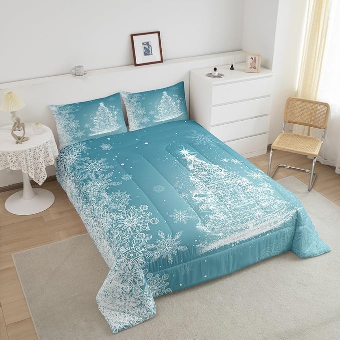 Castle Fairy Merry Christmas Comforter Set Queen Size,Glitter Xmas Trees Shiny Light Decor Bedding Set for Women Adult,Blue Shiny Stars Snowflake Luxury Bed Duvet Insert, 2 Pillowcases