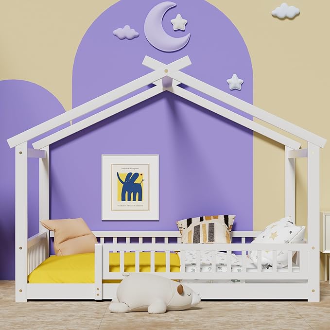 LLS Twin House Bed with Fence, Wooden Montessori Bed with Slats Support, Floor Bed Frame for Boys Girls Bedroom, White