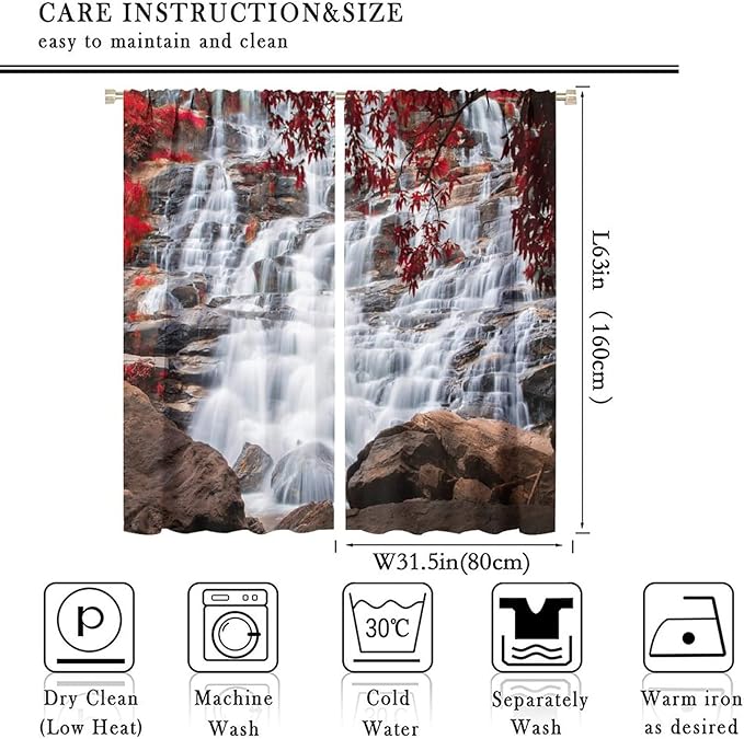Waterfall Blackout Windows Curtains, Waterfall Red Forest Pattern Nature View Curtains, for Living Room Bedroom 63x63in 2 Panels