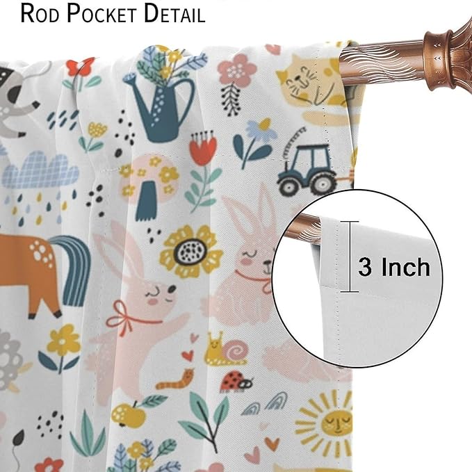 Farm Animal Curtains for Kids, Cartoon Cute Wild Animal Window Treatments Woodland Farmhouse Cow Horse Pig Window Drapes for Girls Boys Nursery Toddler Bedroom 72x63in