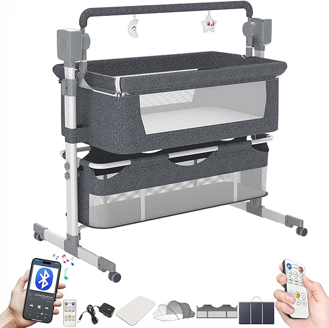 Electric Bluetooth Smart Baby Bedside Bassinet, Baby Bassinet Bedside Sleeper, Next to Me Crib with Wheels, Foldable Co-Sleeping Bed Bassinet for Newborn with 5 Swaying Gears and Remote (601 Grey)