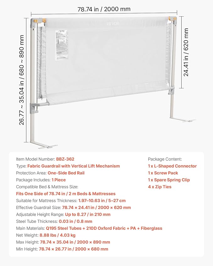 VEVOR Toddler Bed Rail, Kids Beds Guard Rail with Reinforced Iron Pipe and Oxford Cloth, Adjustable Height Bed Side Railing, Portable Guard Bumper Barrier for Crib, Bunk, 78.74 x 35.04 in, 1 Piece