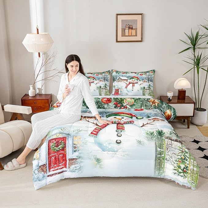 Castle Fairy Merry Christmas Full Size Comforter Set,Watercolor Cute Snowman Pine Trees Bedding Comforters Bedroom Collection,Xmas Cartoon Decor Natural Bedding Set for Girls Teens