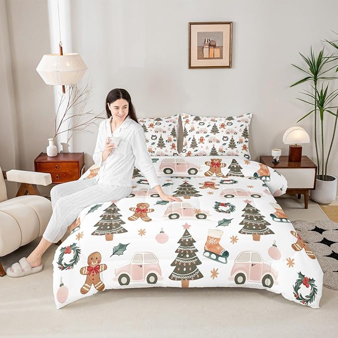 Feelyou Xmas Tree Car Comforter Set All Season Gingerbread Man Bedding Set with 2 Pillow Cases Garland Microfiber Kids Full Bedclothes Bedroom Decor Duvet Quilt Breathable Soft