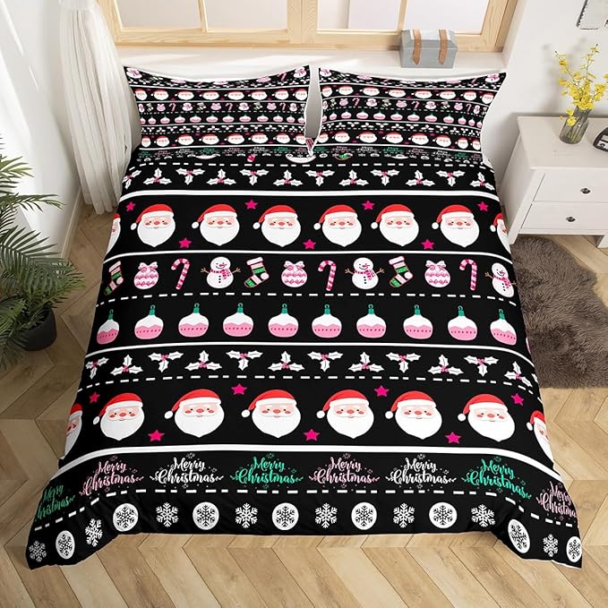 Feelyou Merry Christmas Decorative Comforter Cover Toddler Size Xmas Cartoon Santa Claus Snowmen Duvet Cover Winter New Year Bedding Set Gifts for Kids Boys Girls 1 Pillow Case