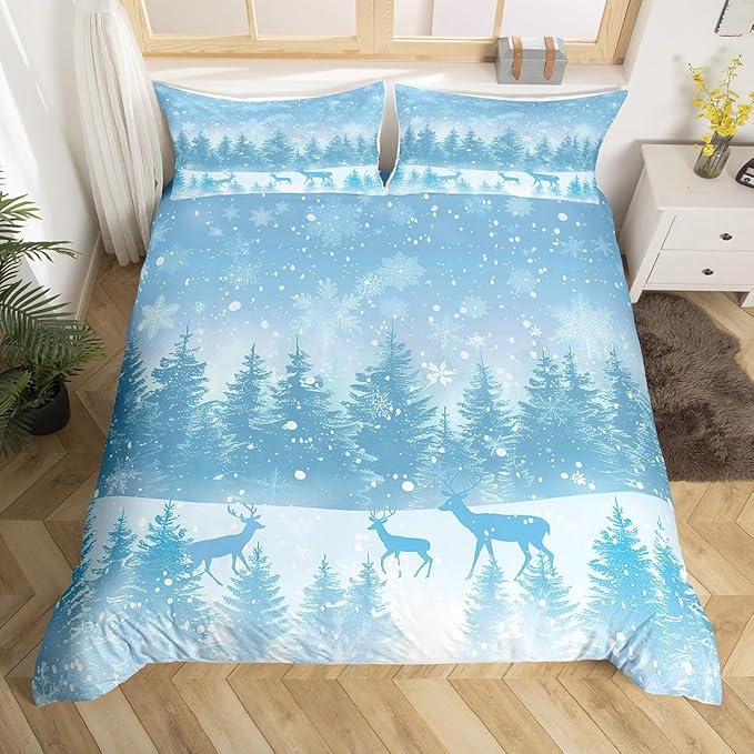 Manfei Blue Glitter Duvet Cover Set King Size, Xmas Trees Deers Snowflakes Print Comforter Cover with 2 Pillowcases, New Year Theme Bedding Set 3pcs for Kids Girls Teens Bedroom Decor,No Comforter