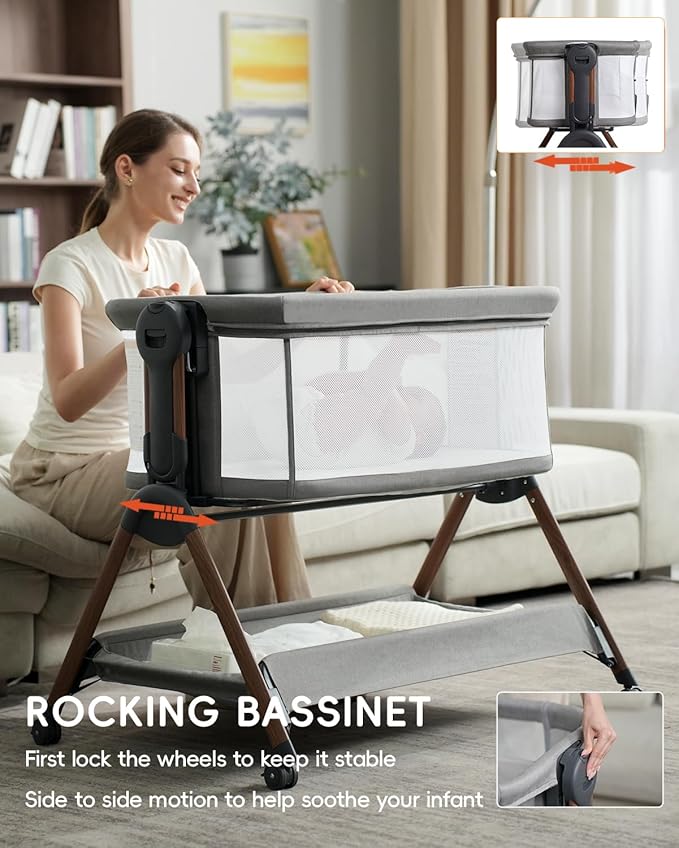 Baby Bassinet - Bassinet Bedside Sleeper,3-in-1 Bedside Bassinets for Baby,Rocking Bassinet with Mattress,Wheels,All Mesh Sides& Storage,6 Height Adjustable Crib,ASTM Certified(Mesh Grey)