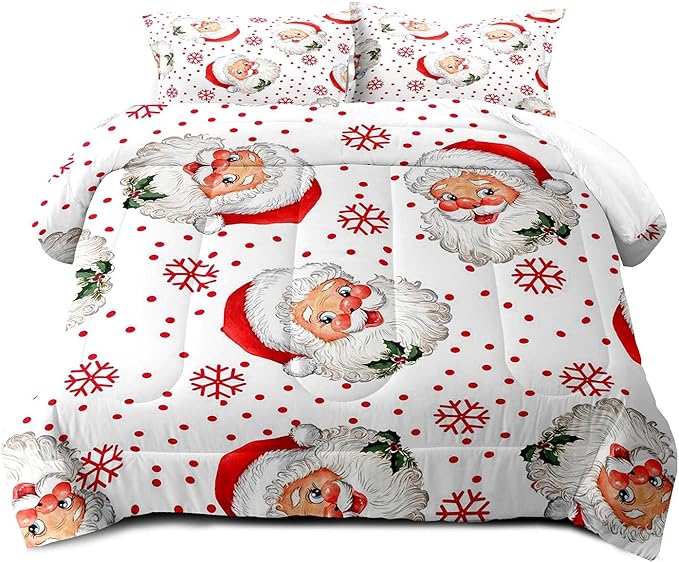 LUVIVIHOME 3PCS Merry Christmas Comforter Set Full Size, Red Snowflake Funny Santa Claus Bedding, Christmas Bedroom Decor, Soft Breathable Microfiber White Quilt, Xmas Gifts, 2 Pillow Shams